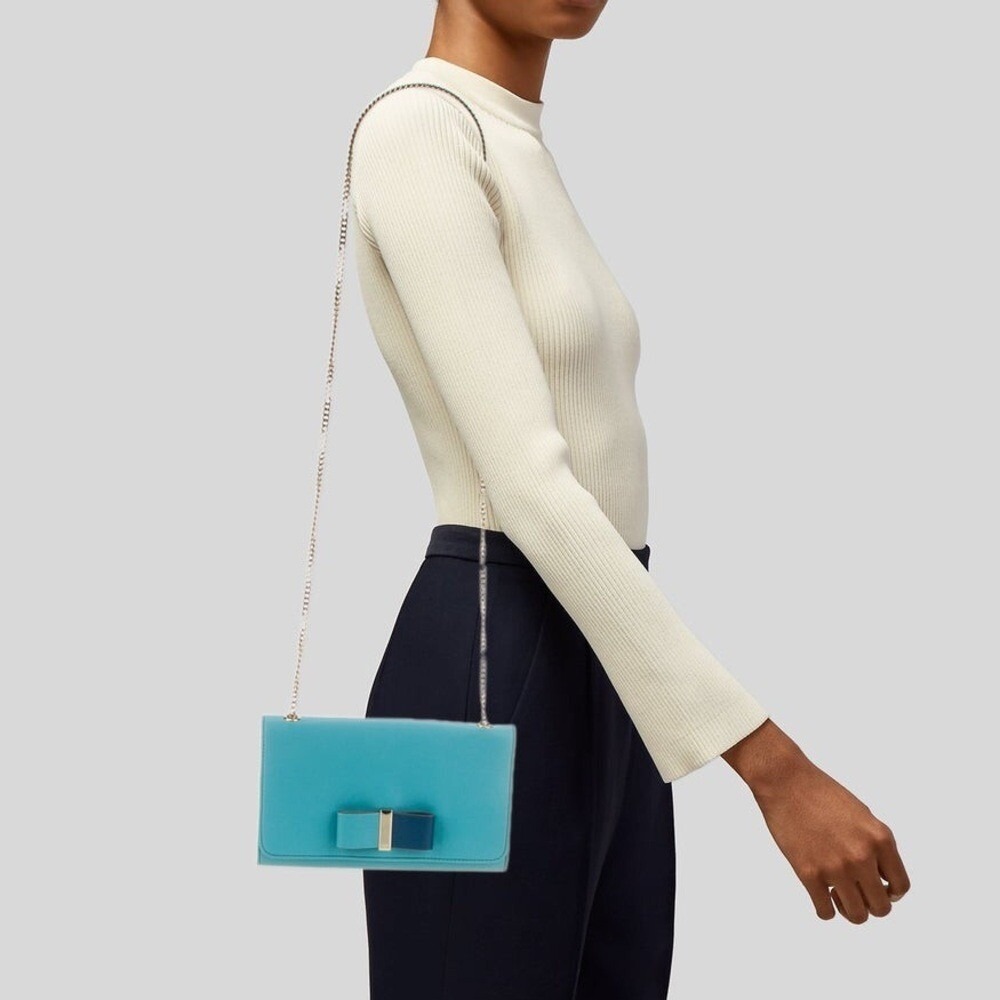 Chloe Lily Crossbody Bag Womens Small Turquoise Leather Gold Chain Bow B3B5YW